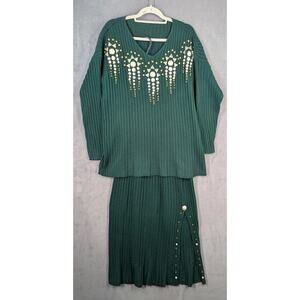 Modern Knit Sweater Skirt Top Set Green Beaded Embellished Knit Vintage